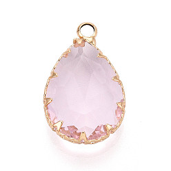 Бледно-Розовый Прозрачные стеклянные подвески, слеза, с латунной кромкой, граненые, розовый жемчуг, 22~22.5x13.5~14x5~6 мм, отверстие : 2~2.2 мм