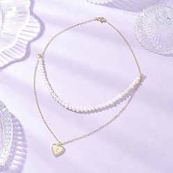 Letter K Двухслойное ожерелье из латуни с подвеской в форме сердца и буквы из натурального культивированного пресноводного жемчуга "Картофель", золотые, белые, Письмо K, 15.28 дюйм (38.8 см)