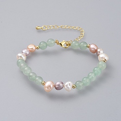 Зеленый Авантюрин Вышитый бисером браслеты, с природными авантюрин бисером зеленых, бусины из драгоценных камней и латунные удлинители цепи и латунные бусы, 7-1/8 дюйм (18.1 см)