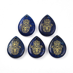 Ляпис-Лазурь Природный лазурит подвески, подвески-слезинки с золотым металлом, переплетенным в руку хамса, 32.5~33.5x24.5~25.5x7~8 мм, отверстие : 2 мм