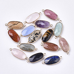 Mixed Stone Natural Gemstone Links Connectors, with Light Gold Plated Edge Brass Loops, Oval, Faceted, 27x11x5.5mm, Hole: 2mm