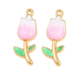 Pearl Pink 304 Stainless Steel Enamel Pendants, Flower Charms, Ion Plating(IP), Real 18K Gold Plated, Pearl Pink, 23x9x3.5mm, Hole: 1.4mm