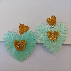 Аквамарин Акриловые серьги-гвоздики в форме сердца, платина, аквамарин, 60x50 мм