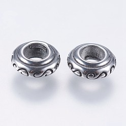 Antique Silver 304 Stainless Steel European Beads, Large Hole Beads, Rondelle with Floral Pattern, Antique Silver, 9x3.5mm, Hole: 4mm