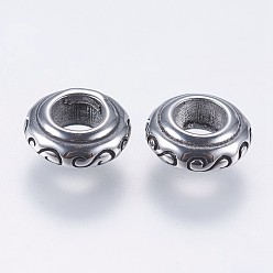 Античное Серебро 304 из нержавеющей стали европейские шарики, бусины с большим отверстием, RONDELLE с цветочным узором, античное серебро, 9x3.5 мм, отверстие : 4 мм