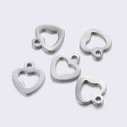 Stainless Steel Color Tarnish Resistant 304 Stainless Steel Open Heart Charms, Cut-Out, Hollow, Stainless Steel Color, 10x9x1~1.1mm, Hole: 1.2~1.4mm