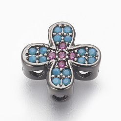 Черный Цвет Металла Латунные микро проложить кубического циркония бусы, без свинца и без кадмия, крестик, красочный, металлический черный , 10x10x3.5 мм, отверстие : 1 мм