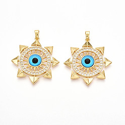 Настоящее золото 18K Латунные микро проложить кубического циркония подвески, без кадмия и без свинца, со стеклом, солнце и дурной глаз, реальный 18 k позолоченный, 33x30.5x5.5 мм, отверстие : 5x2.5 мм