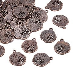 Red Copper Tibetan Style Alloy Pendants, Cadmium Free & Nickel Free & Lead Free, Flat Round with Leaf, Red Copper, 22x18x1mm, Hole: 1mm