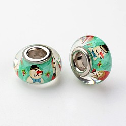 Средний Весенно-Зеленый Большое отверстие Rondelle смолы европейские шарики, с латунными двойными ядрами, платиновый оттенок, Рождество, средний весенний зеленый, 14x8 мм, отверстие : 5 мм