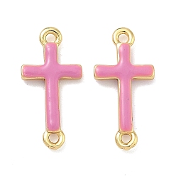 Pink Латунные эмалированные религиозные кресты-подвески, реальный 18 k позолоченный, без кадмия и без свинца, стойки покрытие, долговечный, розовые, 17x8.5x2 мм, отверстие : 1.2 мм
