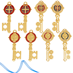 Золотой Большие подвески из сплава в тибетском стиле, Святой Бенедикт Нурсийский в форме ключа, с лентой из органзы, золотые, 124~127x51~52.5x3.5 мм, отверстие : 4~6x4~7.5 мм