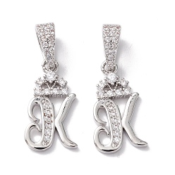 Letter K Кулоны из экологически чистой латуни с микропаве и кубическим цирконием, долговечный, Реальная платина, без кадмия и без свинца, буквы, letter.k, 16~20x7~11.5x1.5~2.2 мм, отверстие : 6.5x3.5 мм