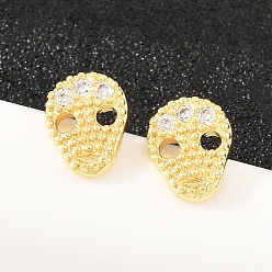 Настоящее золото 18K Серьги-гвоздики из латунного микро-паве, череп, долговечный, стойки покрытие, без свинца и без кадмия, реальный 18 k позолоченный, 9.5x7.5 мм