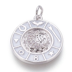 Платина Латунь эмаль подвески, с микро проложить кубического циркония, плоские круглые с луной, белые, платина, 20x18x2.5 мм, отверстие : 3.5 мм