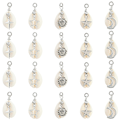 Античный Серебристый & Платиновый 30 шт. подвески из натуральной ракушки каури и сплава, с медными ювелирными проволочными петлями, разнообразные, белые, старинное серебро и платина, 27.5~30.5x14~16x9~10 мм, отверстие : 3 мм