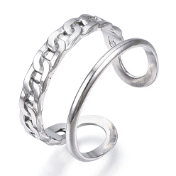 Stainless Steel Color Non-Tarnish 304 Stainless Steel Curb Chains Shape Open Cuff Ring, Double Line Chunky Ring for Men Women, Stainless Steel Color, US Size 9(18.9mm)