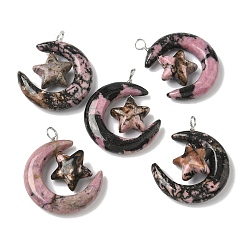 Родонит Природные подвески родонит, луна со звездными чарами, с петлями из медной проволоки, платина, 36~37x27~28x7.5~8 мм, отверстие : 4 мм