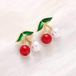 Настоящее золото 18K Серьги-гвоздики из вишневой латуни и АБС-пластика с жемчугом, с эмалью, стойки покрытие, прочное покрытие, без кадмия и без свинца, реальный 18 k позолоченный, 14x13 мм