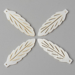 Creamy White Natural Freshwater Shell Pendants, Leaf, Creamy White, 38x12x2mm, Hole: 1mm