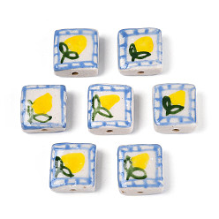 Желтый Фарфоровые бусины ручной работы, пастельный фарфор, Квадрат и цветок, желтые, 16~17x16~17x6.5~7 мм, отверстие : 1.6~1.8 мм