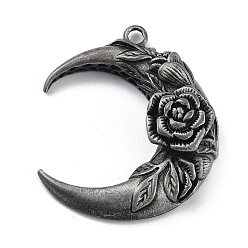 Antique Silver Tibetan Style Alloy Pendant, Frosted, Moon with Rose Charm, Antique Silver, 43x36x11mm, Hole: 3mm