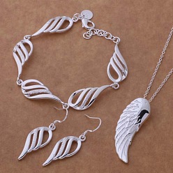 Wing Латунное ожерелье с подвеской, серьга-гвоздик и кольцо, 925 серебро покрытием, крыло, 450мм и 43x12мм и 200мм