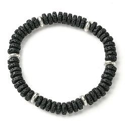 Black Natural Dyed Lava Rock Flat Round Beaded Stretch Bracelets for Men, Black, Inner Diameter: 2-1/2 inch(6.3cm)