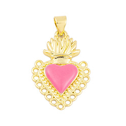 Ярко-Розовый Подвески из латуни с эмалью в стойку, без кадмия и без свинца, долговечный, реальный 18 k позолоченный, очарование священного сердца, ярко-розовый, 26.5x17x3.5 мм, отверстие : 3.5x3 мм