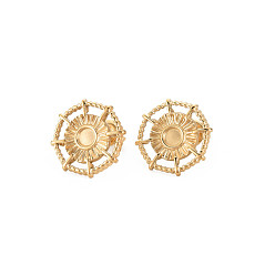 Real 14K Gold Plated Ion Plating(IP) 304 Stainless Steel Stud Earring Findings, Earring Setting for Enamel, with Ear Nuts, Helm, Real 14K Gold Plated, 17x17mm, Pin: 0.7mm, Tray: 5mm