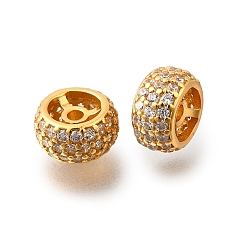 Настоящее золото 18K 925 бусины из стерлингового серебра с микропаве, прозрачные бусины из кубического циркония, рондель, реальный 18 k позолоченный, 7.5x4 мм, отверстие : 1.2 мм