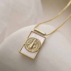 Human Прямоугольные подвески из латуни с натуральными ракушками на цепочке, золотые, цвет морской раковины, Святой бенедикт, 17.72 дюйм (45 см)