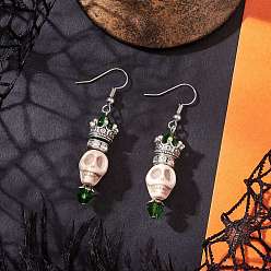 Нержавеющая Сталь Цвет Серьги-подвески из сплава черепа и синтетической бирюзы, с имитацией австрийских хрустальных бусин и устойчивыми к потускнению 316 крючками для сережек из хирургической нержавеющей стали, цвет нержавеющей стали, 52.5x10 мм