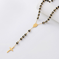 Noir Colliers de chapelet en acier inoxydable vintage, Colliers pendentifs croix vierge pour femmes, or, noir, 304 pouce (21.65 cm)