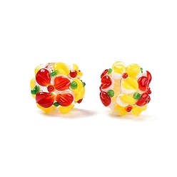 Золотистый Двухцветные бусины лэмпворк ручной работы, круглые с цветочным узором, золотые, 12~14x11~13 мм, отверстие : 1.4~1.5 мм