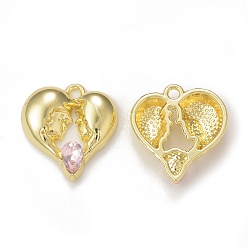 Misty Rose Rack Plating Alloy Glass Pendants, Golden, Heart Charms, Misty Rose, 19x18x4mm, Hole: 1.8mm