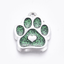 Зеленый Эмаль подвески, с покрытием из платиновых сплавов и блестящим порошком, отпечатки лап собаки с сердцем, зелёные, 18.8x16.5x2.2 мм, отверстие : 1.5 мм