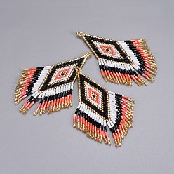 Coral Handmade Japanese Seed Beads Tassels Pendants, Loom Pattern, Rhombus, Colorful, 66~67x26x2mm, Hole: 2.5~3mm