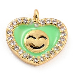 Lawn Green Golden Plated Brass Micro Pave Clear Cubic Zirconia Charms, with Enamel, Long-Lasting Plated, Heart with Smile Face, Lawn Green, 11x11.5x2.5mm, Hole: 1.2mm