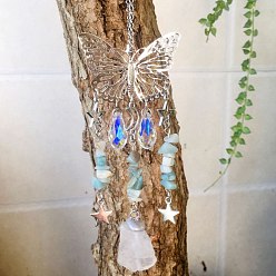Flower Amazonite Металлические полые подвесные украшения в виде бабочек, Натуральные цветы амазонита и стеклянные капли с кисточками для украшения дома и улицы, 210~230 мм