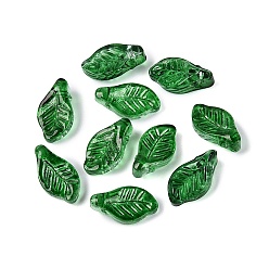 Green Transparent Glass Pendants, Leaf Charm, Green, 12x6.5x4.5~5mm, Hole: 0.9~1mm, about 2940pcs/1000g
