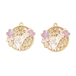 Средний Фиолетовый Стойки обшивки сплава эмали подвески, золотые, плоский круглый с подвеской в виде кошки и цветка, средне фиолетовый, 28x29x1.5 мм, отверстие : 2 мм