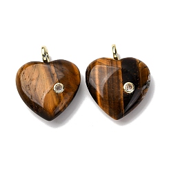 Тигровый глаз Природных тигровый глаз подвески, подвески в форме сердца с латунной микропаве из прозрачных кубических цирконий, золотые, 30~32x25x8 мм, отверстие : 1.5 мм