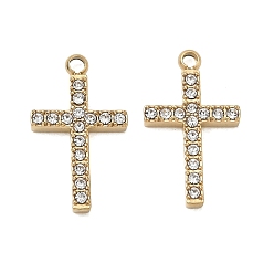 Real 14K Gold Plated 304 Stainless Steel Rhinestone Pendants, Cross Charms, Real 14K Gold Plated, 17x10x2mm, Hole: 1.3mm