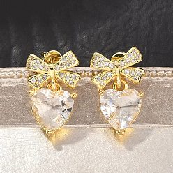 Claro Pendientes colgantes de latón con micro circonitas cúbicas para mujer, bowknot y corazón, con vidrio, larga duración plateado, chapado en rack, sin plomo y el cadmio, dorado, Claro, 22.5x13 mm