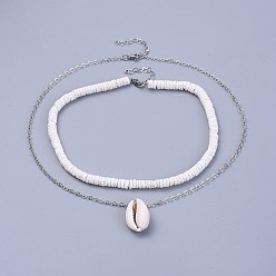 Platinum Shell Necklace Sets, with Shell Beads, Brass Cable Chains and 304 Stainless Steel Findings, with Burlap Paking Pouches Drawstring Bags, Platinum, 13.7~18.3 inch(35~46.5cm), 3~7mm, 2pcs/set