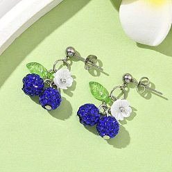 Синий Вишня 304 серьги-гвоздики из нержавеющей стали ручной работы из полимерной глины со стразами, с латунными фрикционными гайками-ушкодержателями с покрытием из стойки, прозрачными акриловыми подвесками и колпачками из смолы, цвет нержавеющей стали, синие, 23x18 мм