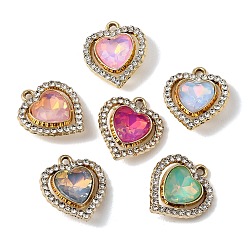 Golden UV Plating Alloy Glass Pendants, Heart Charm, with Rhinestone, Faceted, Mixed Color, Golden, 21x18.5x5.7mm, Hole: 1.8mm