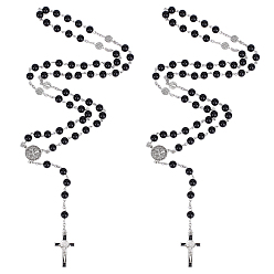 Античный Серебристый & Платиновый 2 шт. кулон из цинкового сплава с крестом Иисуса, черные акриловые жемчужины, круглые четки, ожерелья для женщин и мужчин, старинное серебро и платина, 31.50 дюйм (80 см), Кулон : 165x21 мм, Крест Подвеска: 38x2 mm