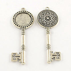 Античное Серебро Настройки ключа сплава кулон горный хрусталь кабошон тибетский стиль, без свинца и без кадмия, античное серебро, лоток: 20 мм, подходит для 2 мм горный хрусталь, 75x25.5x3.5 мм, Отверстие : 3 мм , около 130 шт / 1000 г